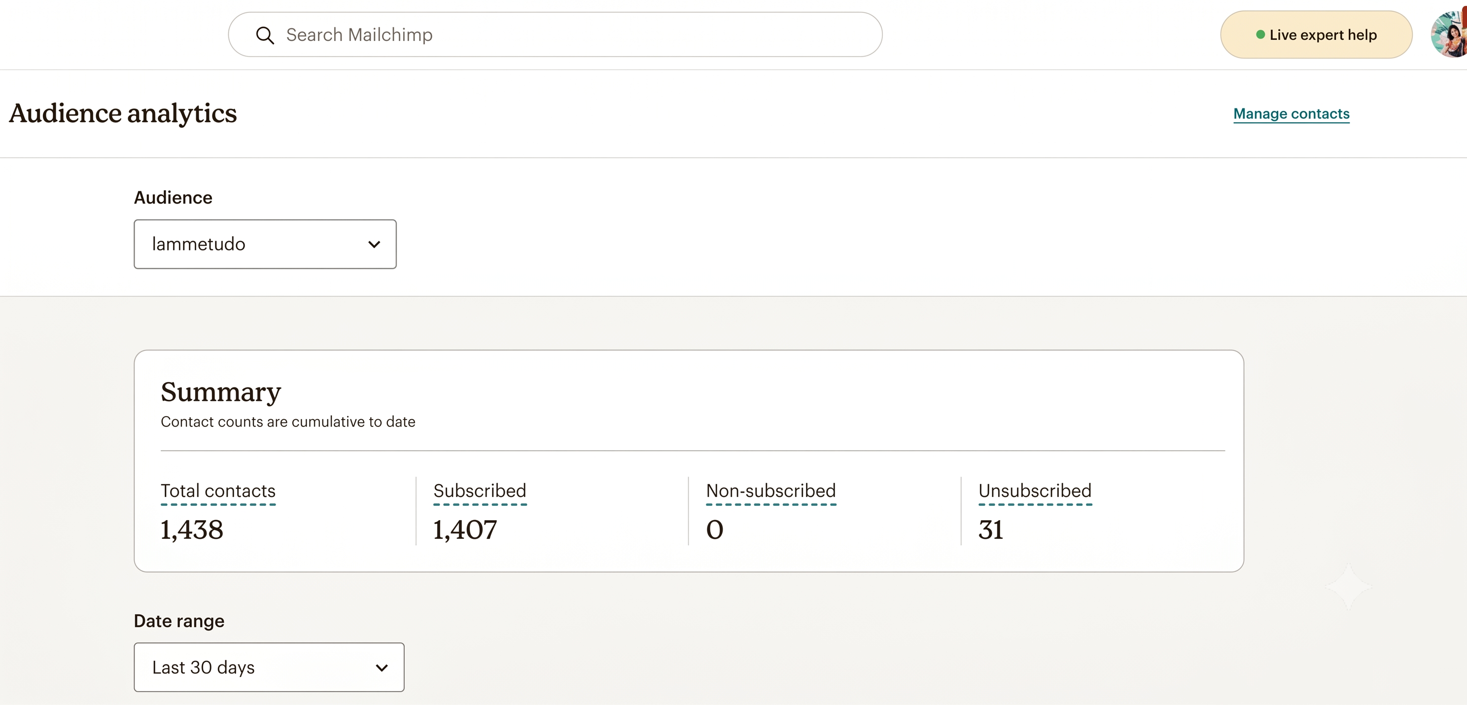 Tài khoản Mailchimp: 1.438 tổng liên hệ, 1.407 đang theo dõi