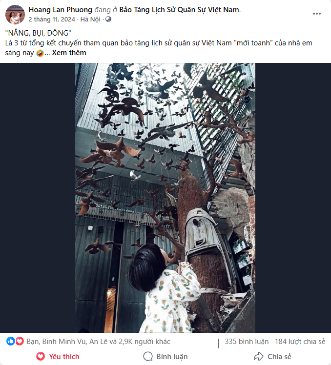 Bài viết Facebook: "Nắng, bụi, đông." — chuyến đưa con đi Bảo tàng Lịch sử Quân sự. 3K cảm xúc, 335 bình luận, 184 chia sẻ