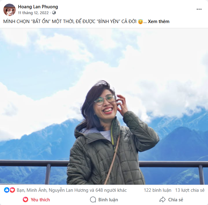 Bài viết Facebook: "Mình chọn bất ổn một thời, để được bình yên cả đời." — 651 cảm xúc, 122 bình luận, 13 chia sẻ