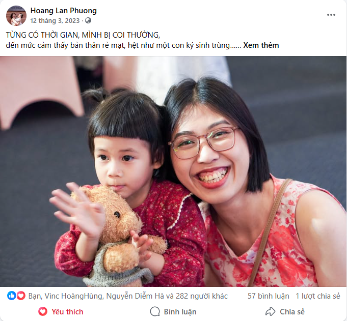 Bài viết Facebook: "Từng có thời gian, mình bị coi thường." — 285 cảm xúc, 57 bình luận