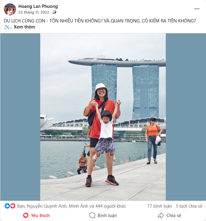 Bài viết Facebook: "Du lịch cùng con – tốn nhiều tiền không? Và quan trọng, có kiếm ra tiền không?" — 447 cảm xúc, 77 bình luận, 5 chia sẻ