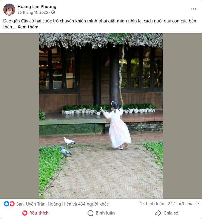 Bài viết Facebook: "Dạo gần đây có hai cuộc trò chuyện khiến mình phải giật mình nhìn lại cách nuôi dạy con của bản thân." — 437 cảm xúc, 15 bình luận, 247 chia sẻ