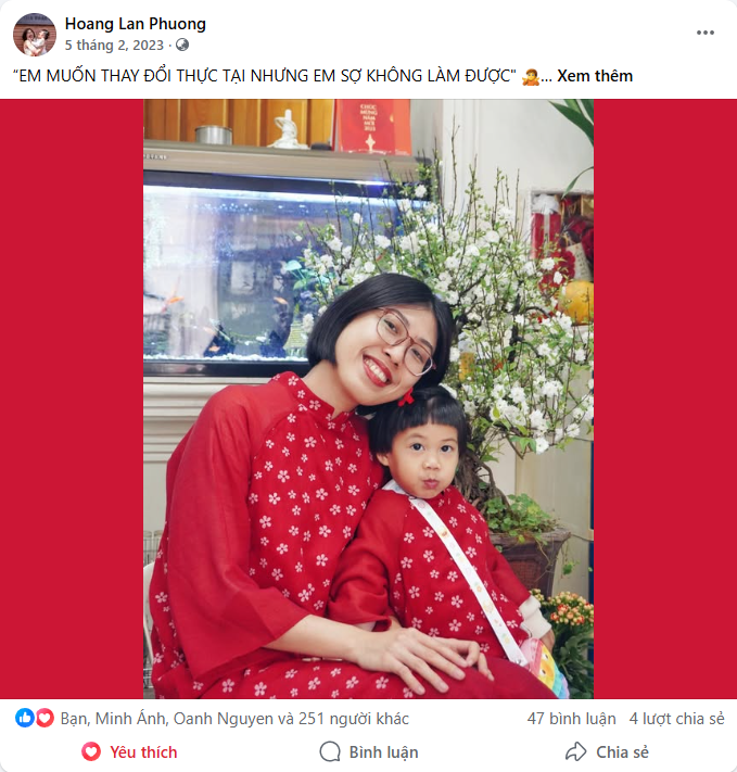 Bài viết Facebook: "Em muốn thay đổi thực tại nhưng em sợ không làm được." — 254 cảm xúc, 47 bình luận, 4 chia sẻ