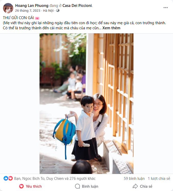 Bài viết Facebook: "Thư gửi con gái" — lá thư viết cho con ngày đầu vào lớp Một. 279 cảm xúc, 59 bình luận