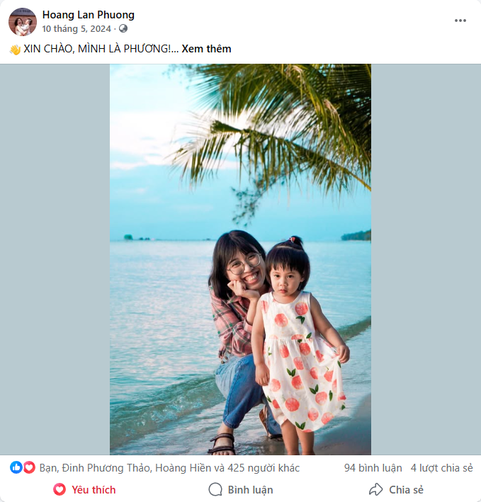 Bài viết Facebook: "Xin chào, mình là Phương – Content Writer." — 428 cảm xúc, 94 bình luận